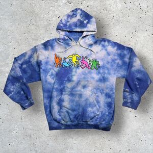 Keith Haring x Ripple Junction Tie Dye Hoodie Medium Dancing Figures Blue Sz M